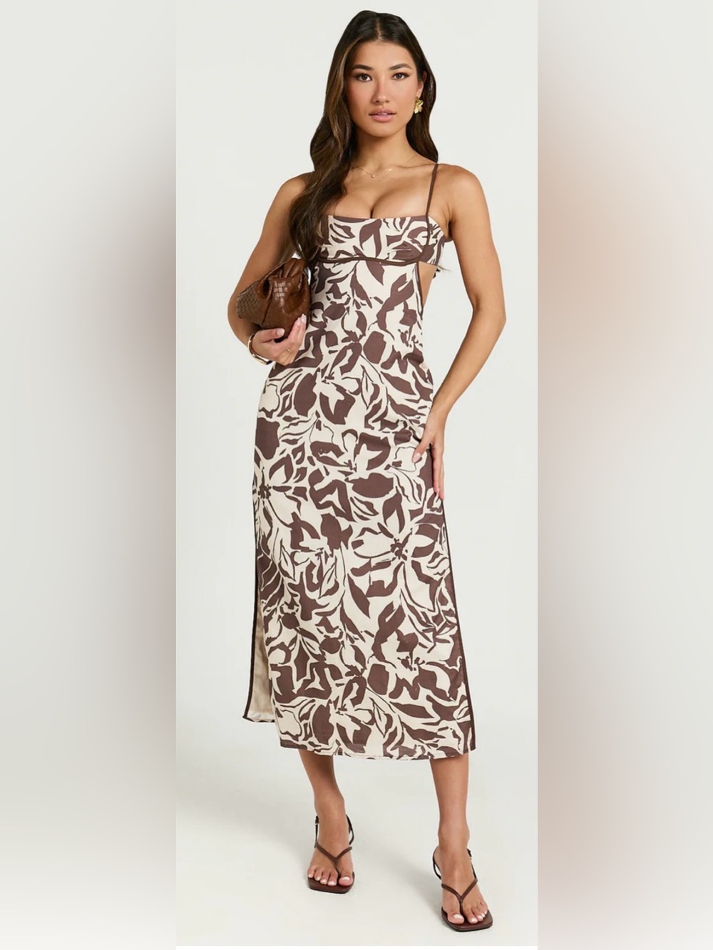 Showpo GIBSON MIDI DRESS Brown and Cream Floral size 4